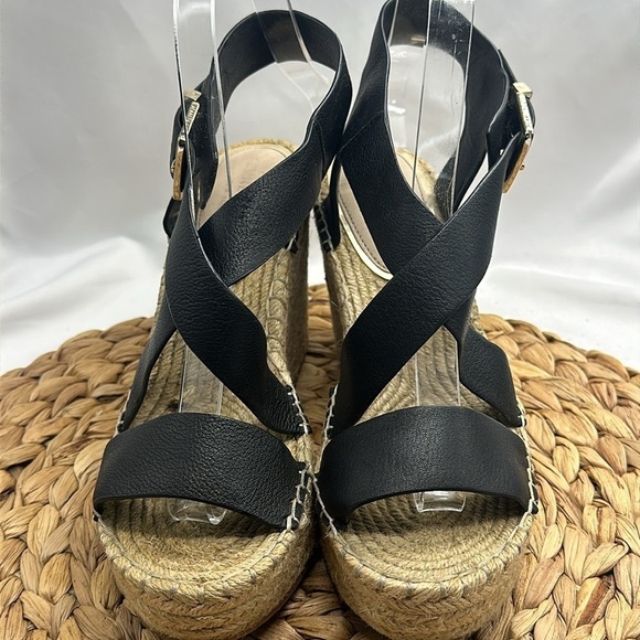 Kennith Cole New York Jute And Black Leather Strap Wedged Summer Sandals - Picture 2 of 7